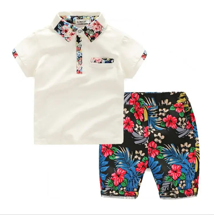 Spring New Children’S Wear Boys’ Short Sleeve Shirt With Floral Print Pants Suit