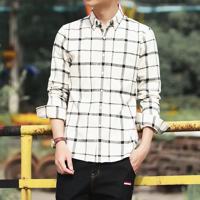 Hong Kong Style Retro Plaid Long-sleeved Shirt Men