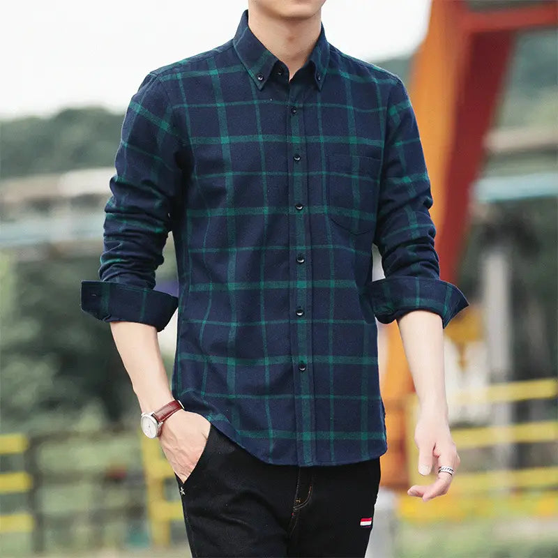 Hong Kong Style Retro Plaid Long-sleeved Shirt Men