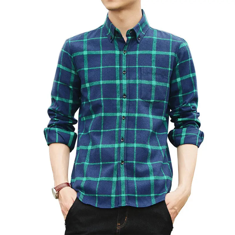 Hong Kong Style Retro Plaid Long-sleeved Shirt Men