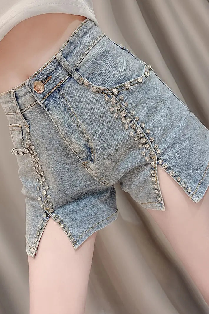 Summer Dress New Style Celebrity Heavy Industry Nail Bead Inlaid Diamond Slim Split Stretch Jeans Women’’s Shorts