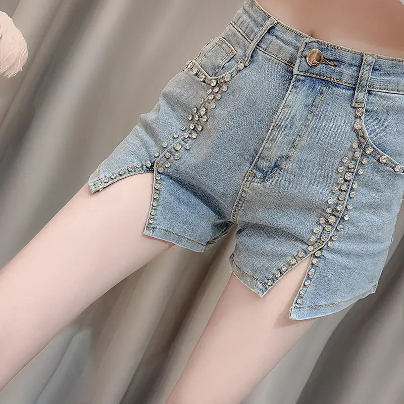 Summer Dress New Style Celebrity Heavy Industry Nail Bead Inlaid Diamond Slim Split Stretch Jeans Women’’s Shorts