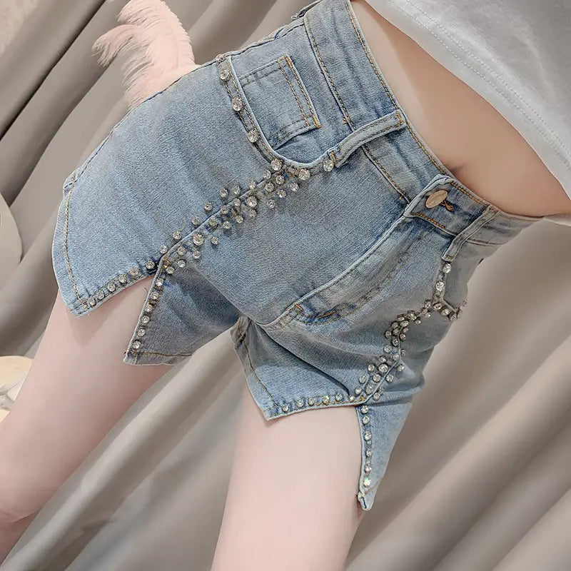 Summer Dress New Style Celebrity Heavy Industry Nail Bead Inlaid Diamond Slim Split Stretch Jeans Women’’s Shorts