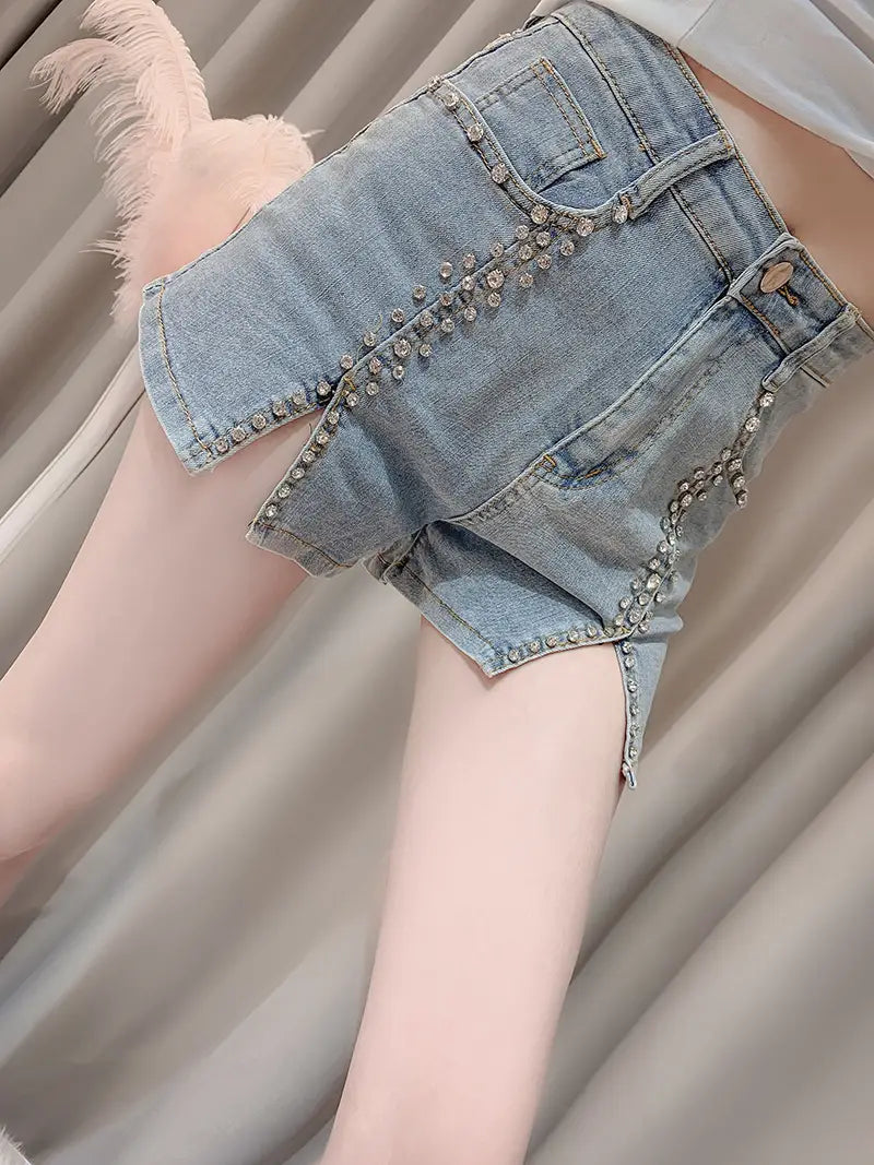 Summer Dress New Style Celebrity Heavy Industry Nail Bead Inlaid Diamond Slim Split Stretch Jeans Women’’s Shorts
