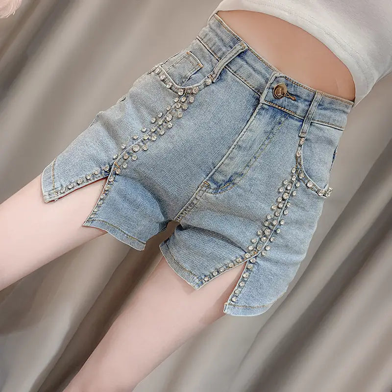 Summer Dress New Style Celebrity Heavy Industry Nail Bead Inlaid Diamond Slim Split Stretch Jeans Women’’s Shorts