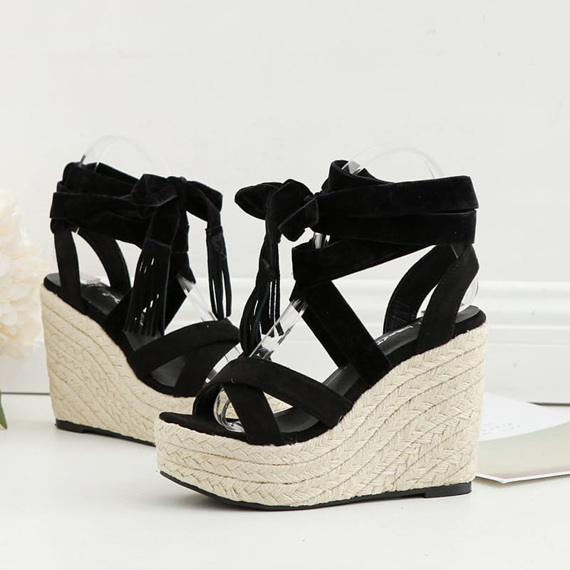 Gdgydh Weaving Cross Strap Platform Sandals Summer Wedges Heel Shoes For Women Flock Ankle Strap Ladies Gladiator