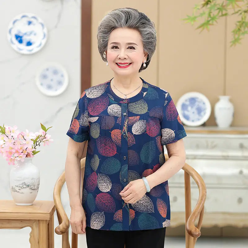Middle-Aged And Elderly Cotton Short-Sleeved Grandma Dress Summer Blouse Female Mother 60-70-Year-Old Clothes Cotton