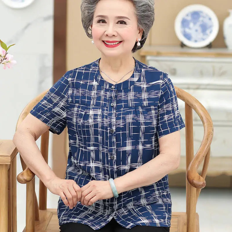 Middle-Aged And Elderly Cotton Short-Sleeved Grandma Dress Summer Blouse Female Mother 60-70-Year-Old Clothes Cotton