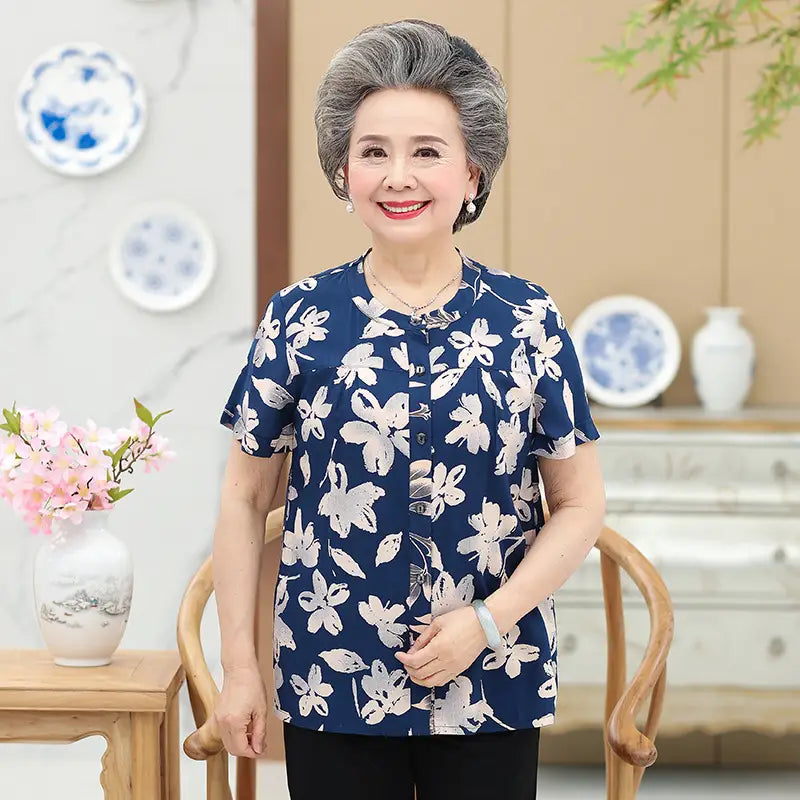 Middle-Aged And Elderly Cotton Short-Sleeved Grandma Dress Summer Blouse Female Mother 60-70-Year-Old Clothes Cotton