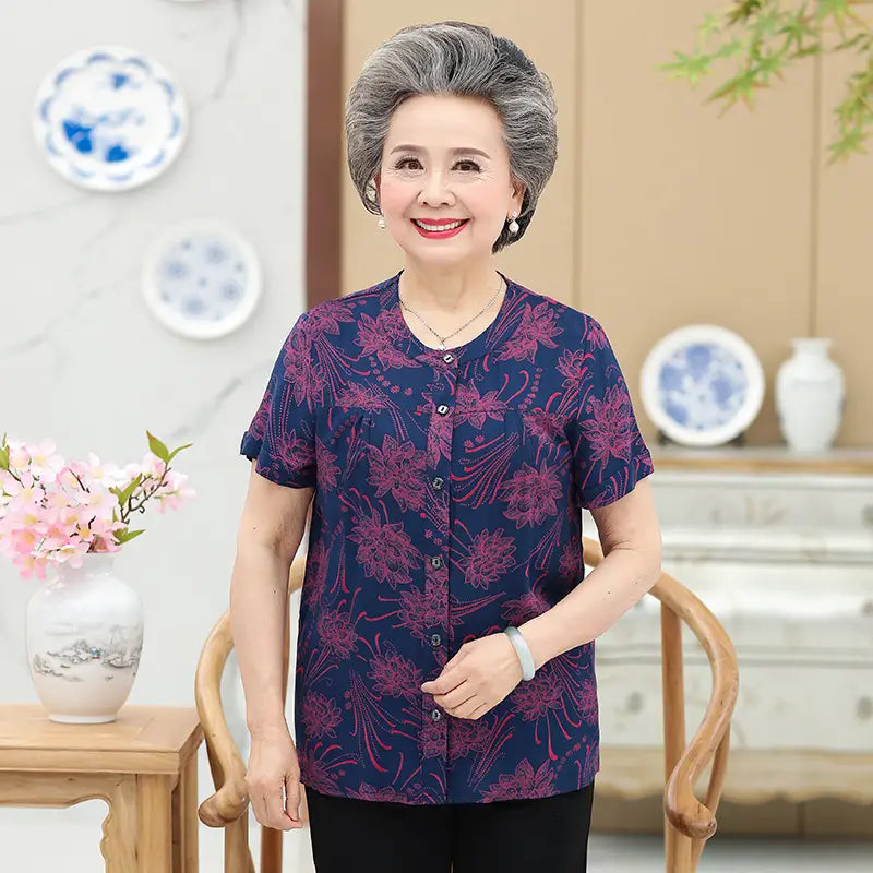 Middle-Aged And Elderly Cotton Short-Sleeved Grandma Dress Summer Blouse Female Mother 60-70-Year-Old Clothes Cotton