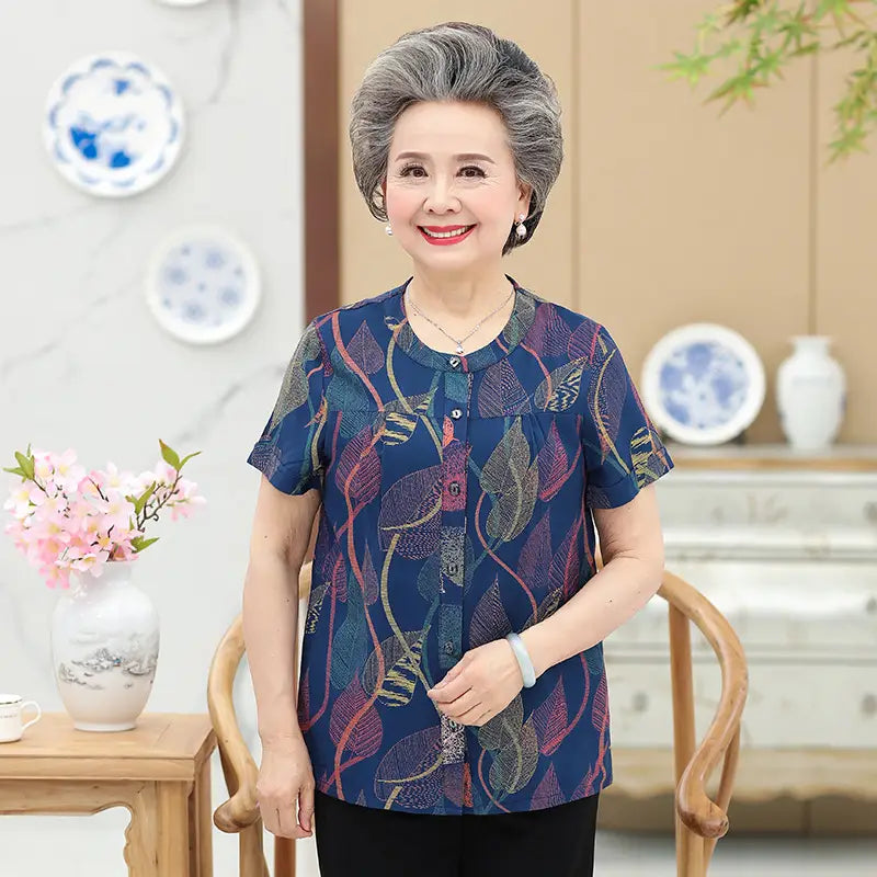 Middle-Aged And Elderly Cotton Short-Sleeved Grandma Dress Summer Blouse Female Mother 60-70-Year-Old Clothes Cotton