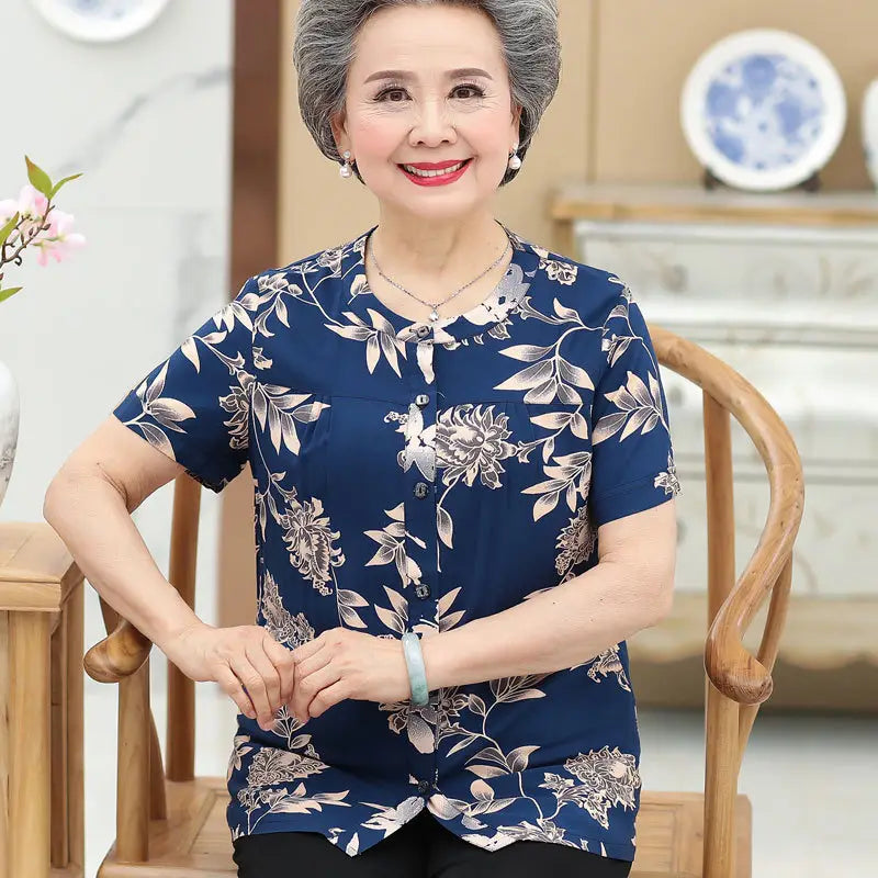 Middle-Aged And Elderly Cotton Short-Sleeved Grandma Dress Summer Blouse Female Mother 60-70-Year-Old Clothes Cotton