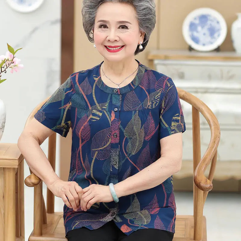 Middle-Aged And Elderly Cotton Short-Sleeved Grandma Dress Summer Blouse Female Mother 60-70-Year-Old Clothes Cotton