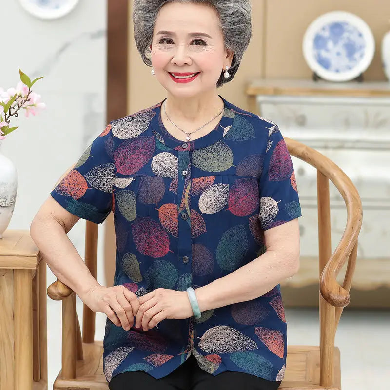 Middle-Aged And Elderly Cotton Short-Sleeved Grandma Dress Summer Blouse Female Mother 60-70-Year-Old Clothes Cotton