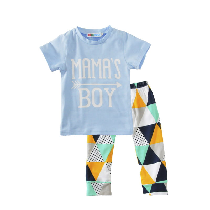 Children’s Clothing Boy Suit Short-Sleeved T-Shirt Blue Letter Arrow Geometric Pants Baby Two-Piece Suit
