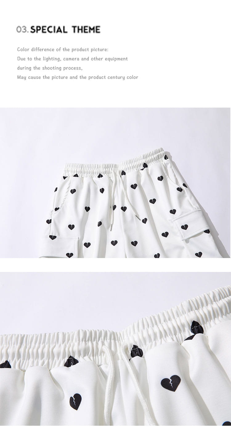 Love Full Print Multi-pocket Overalls Shorts Men’s Ins Tide Brand Eastic Waist Five-point Pants