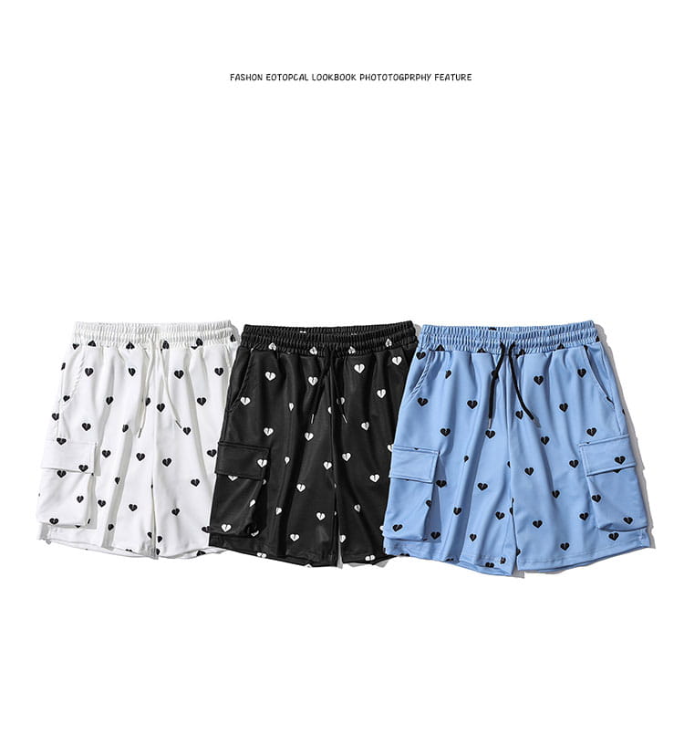 Love Full Print Multi-pocket Overalls Shorts Men’s Ins Tide Brand Eastic Waist Five-point Pants