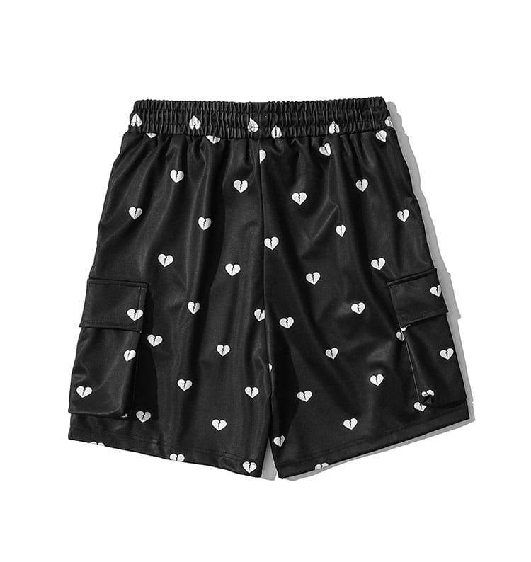 Love Full Print Multi-pocket Overalls Shorts Men’s Ins Tide Brand Eastic Waist Five-point Pants