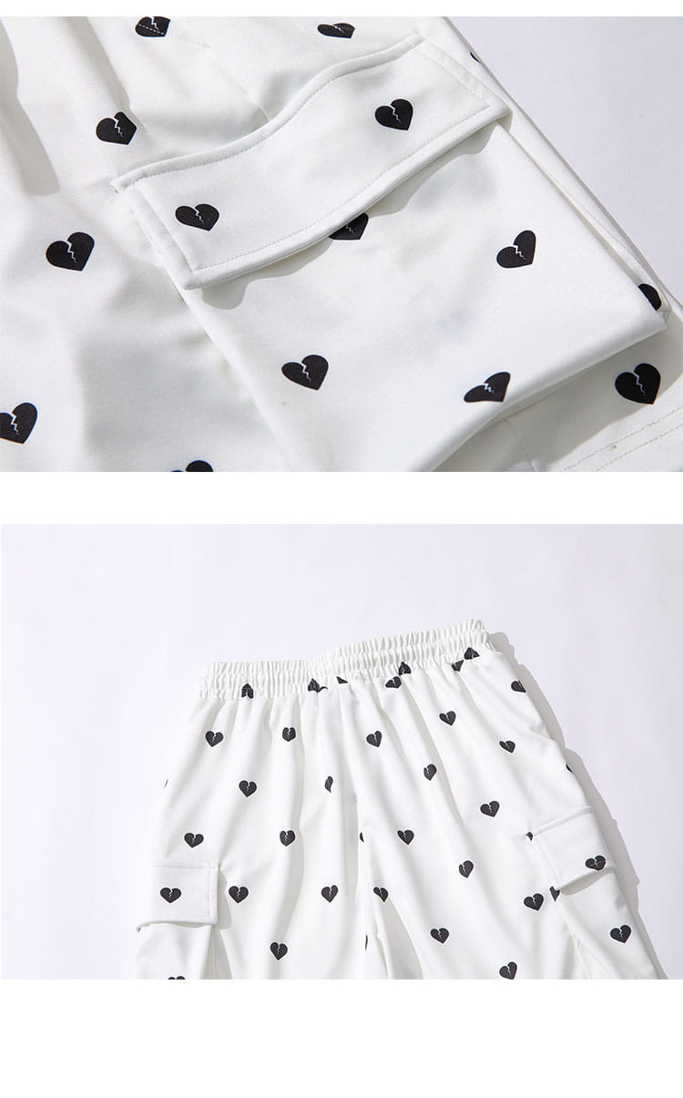 Love Full Print Multi-pocket Overalls Shorts Men’s Ins Tide Brand Eastic Waist Five-point Pants