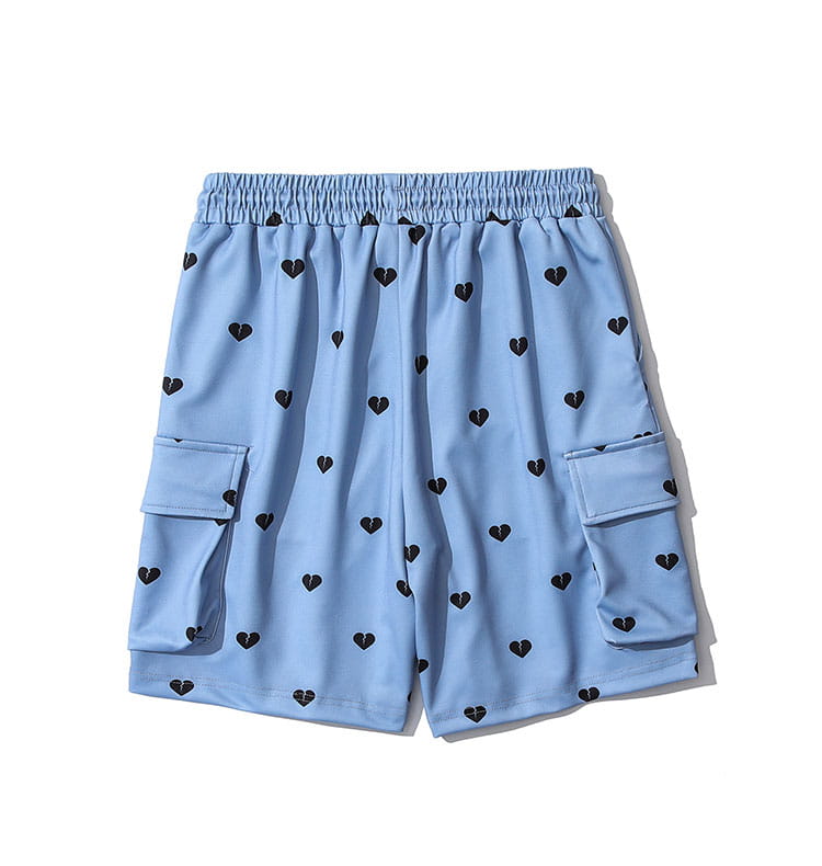 Love Full Print Multi-pocket Overalls Shorts Men’s Ins Tide Brand Eastic Waist Five-point Pants