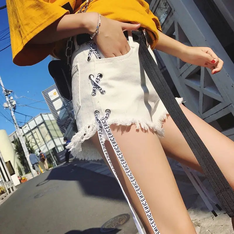 Vintage Snowflake Inelastic Women Denim Shorts With high Waist Straps Tassel Female Summer Shorts For Women’s jeans
