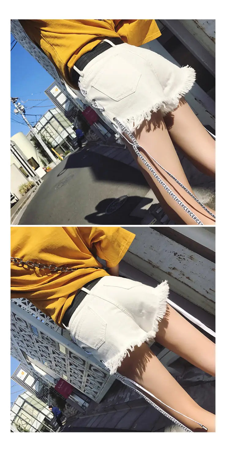 Vintage Snowflake Inelastic Women Denim Shorts With high Waist Straps Tassel Female Summer Shorts For Women’s jeans