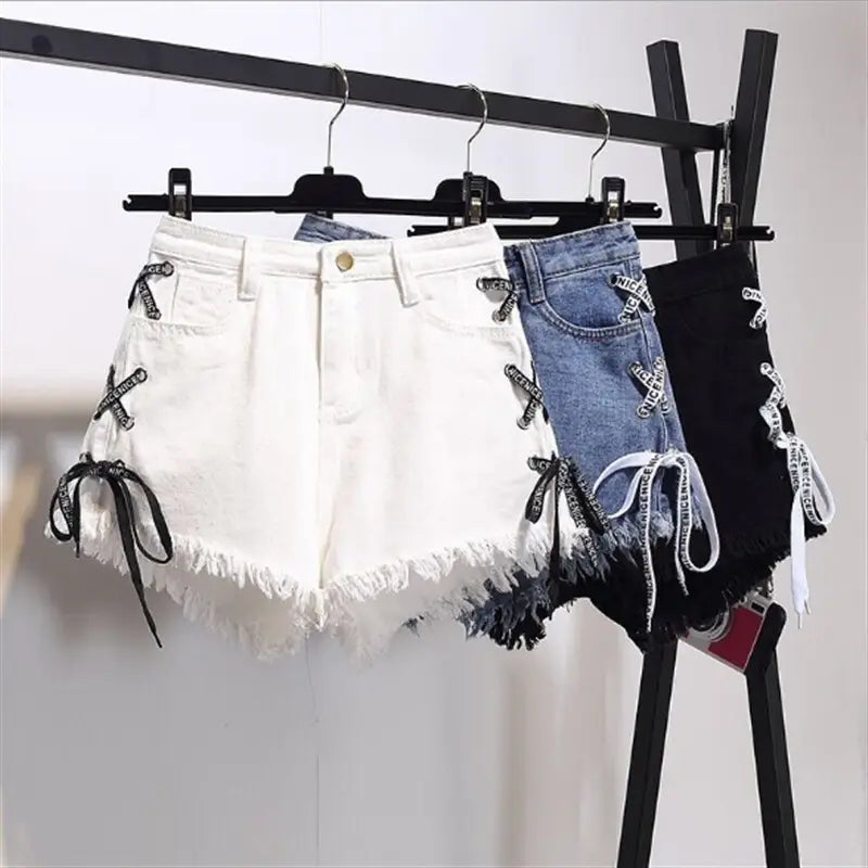 Vintage Snowflake Inelastic Women Denim Shorts With high Waist Straps Tassel Female Summer Shorts For Women’s jeans