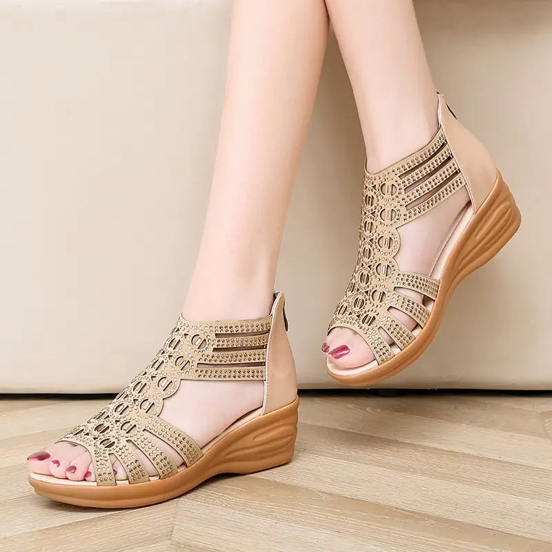 Woman Sandals Women Cyrstal Comfortable Pumps Ladies Fashion Wedges Female Rome Bling Hollow Out Shoes Women’s Zip