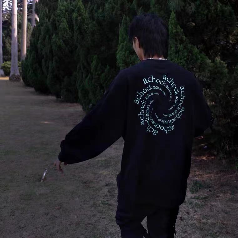 A Chock Original National Tide Circular Vortex Logo Printing Basic Sweater Tide Brand Loose Casual Long-Sleeved T-Shirt