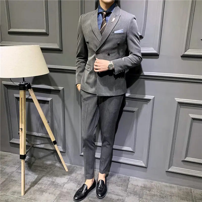 Suit Men’’s Suit Slim Fit Korean Business Leisure Double Breasted Single Western Formal Dinner Dress Bridegroom Suit