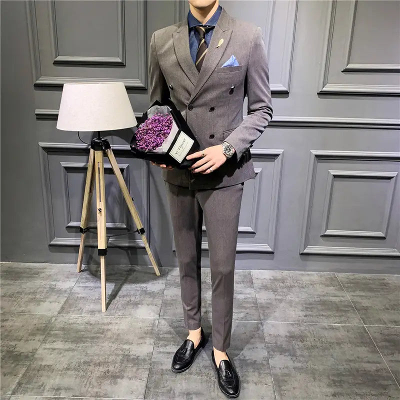 Suit Men’’s Suit Slim Fit Korean Business Leisure Double Breasted Single Western Formal Dinner Dress Bridegroom Suit