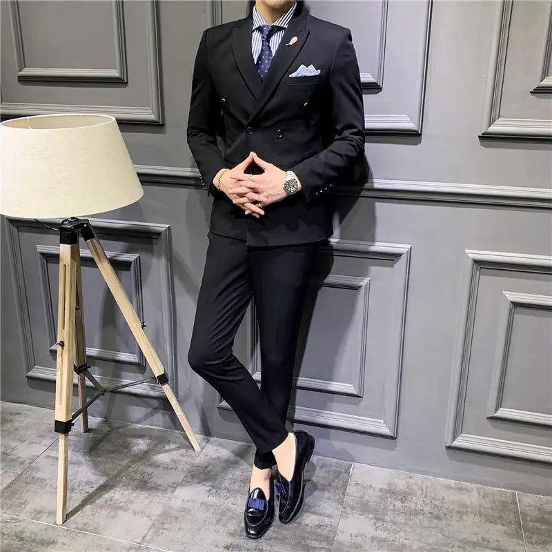 Suit Men’’s Suit Slim Fit Korean Business Leisure Double Breasted Single Western Formal Dinner Dress Bridegroom Suit