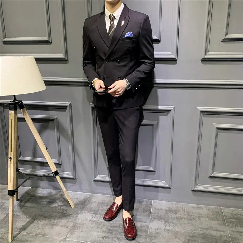 Suit Men’’s Suit Slim Fit Korean Business Leisure Double Breasted Single Western Formal Dinner Dress Bridegroom Suit