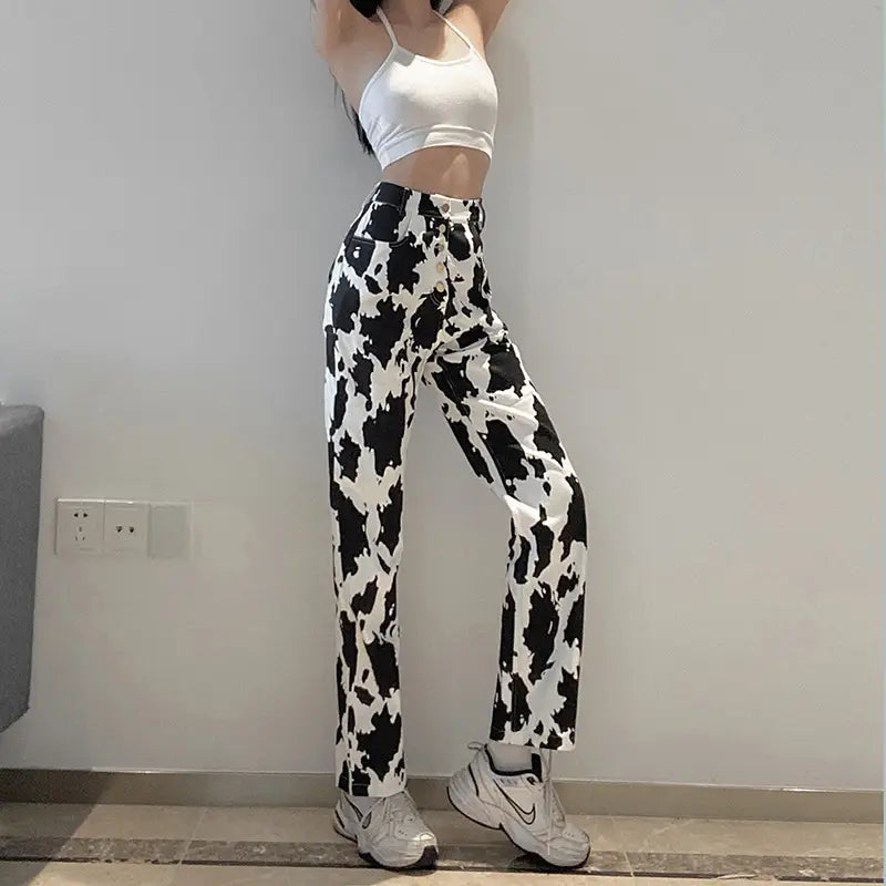 Cow Print Jeans Women’s All-match Slim Straight-leg Pants