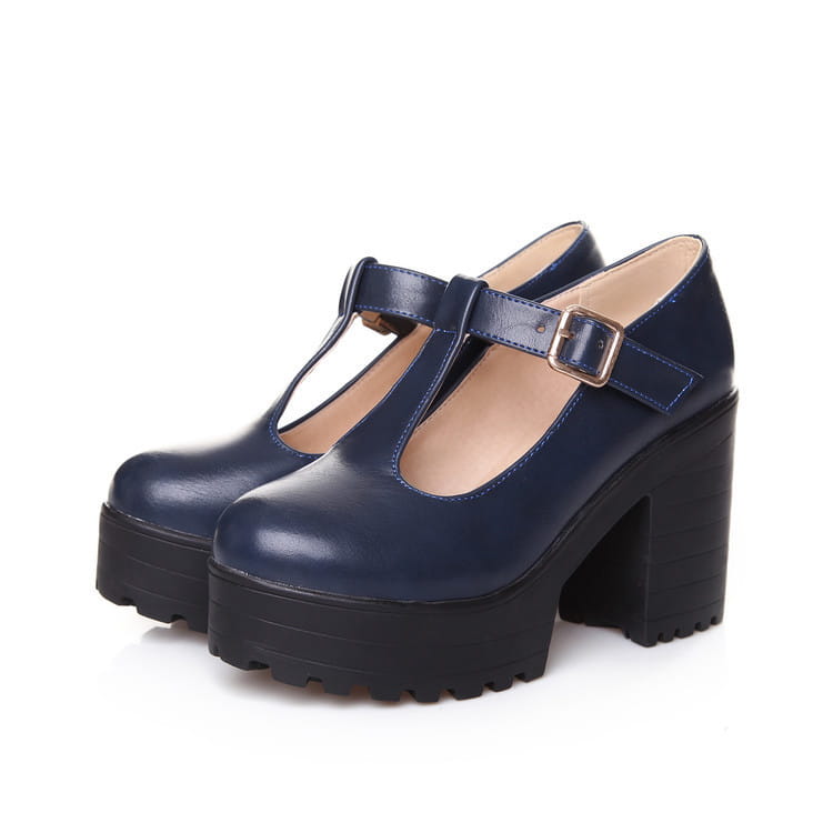 Womens Pumps Shoes Mary Jaen Block Platforms Heels T-strap