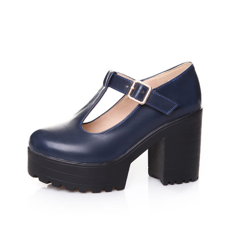 Womens Pumps Shoes Mary Jaen Block Platforms Heels T-strap