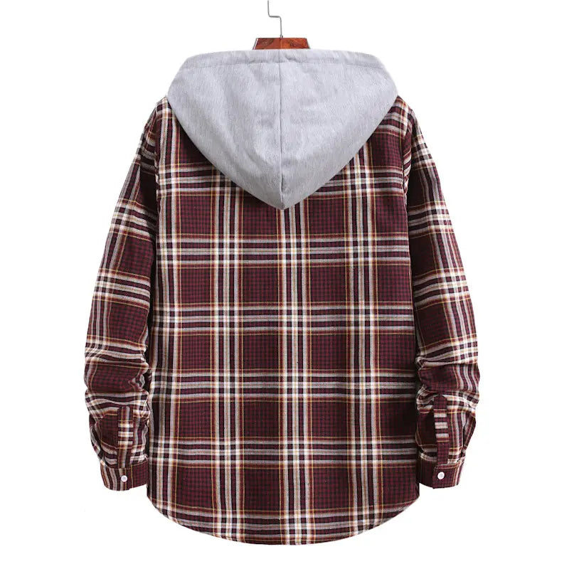 New Men’s Long-sleeved Plaid Shirt Korean Youth Casual Loose Hooded Color Matching Shirt For Men