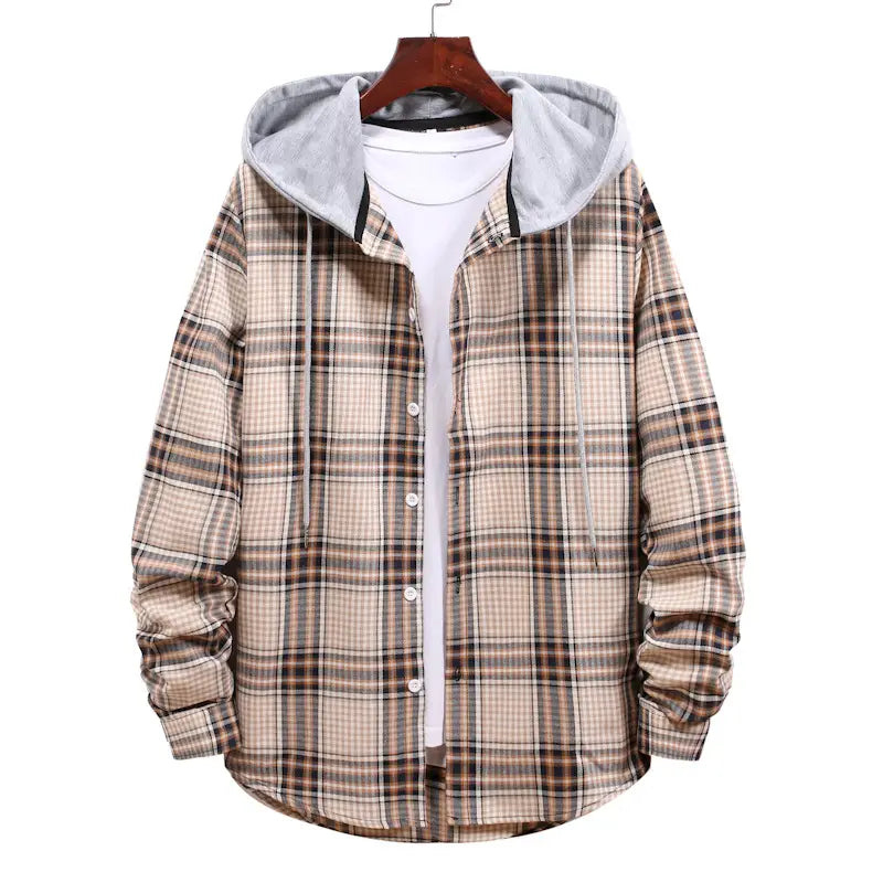 New Men’s Long-sleeved Plaid Shirt Korean Youth Casual Loose Hooded Color Matching Shirt For Men
