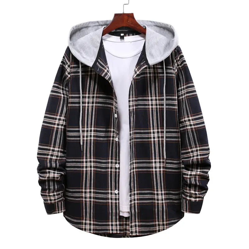New Men’s Long-sleeved Plaid Shirt Korean Youth Casual Loose Hooded Color Matching Shirt For Men