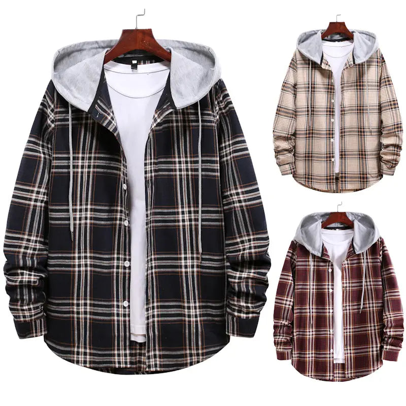 New Men’s Long-sleeved Plaid Shirt Korean Youth Casual Loose Hooded Color Matching Shirt For Men