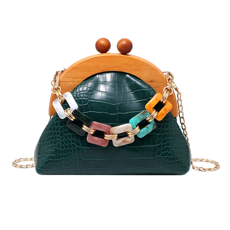 Bags Women’S Trendy Fashion Art Fan Guofeng Bags Ethnic Chain Bags Portable Wooden Pu Women’S Bags