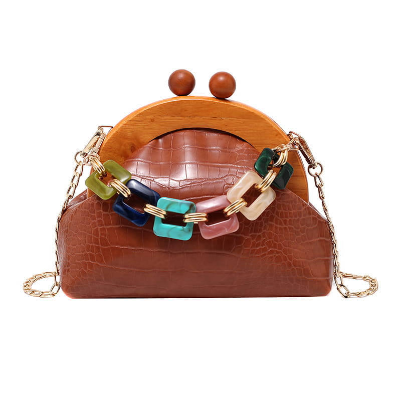 Bags Women’S Trendy Fashion Art Fan Guofeng Bags Ethnic Chain Bags Portable Wooden Pu Women’S Bags