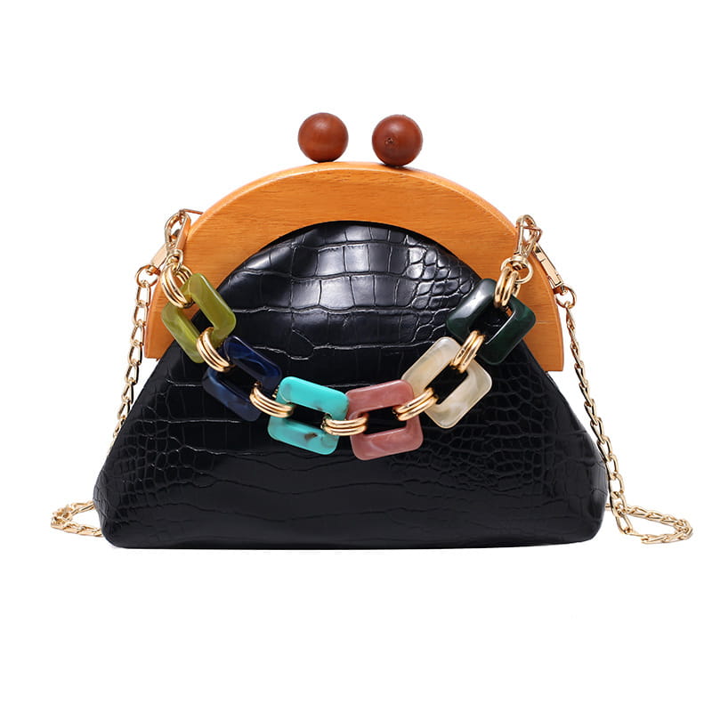 Bags Women’S Trendy Fashion Art Fan Guofeng Bags Ethnic Chain Bags Portable Wooden Pu Women’S Bags