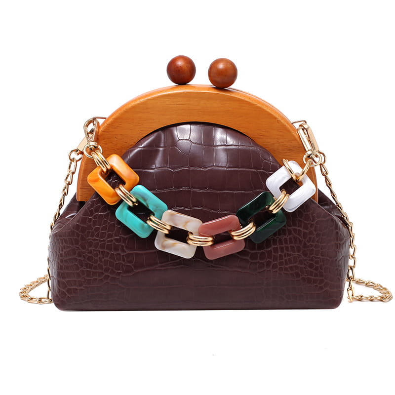 Bags Women’S Trendy Fashion Art Fan Guofeng Bags Ethnic Chain Bags Portable Wooden Pu Women’S Bags