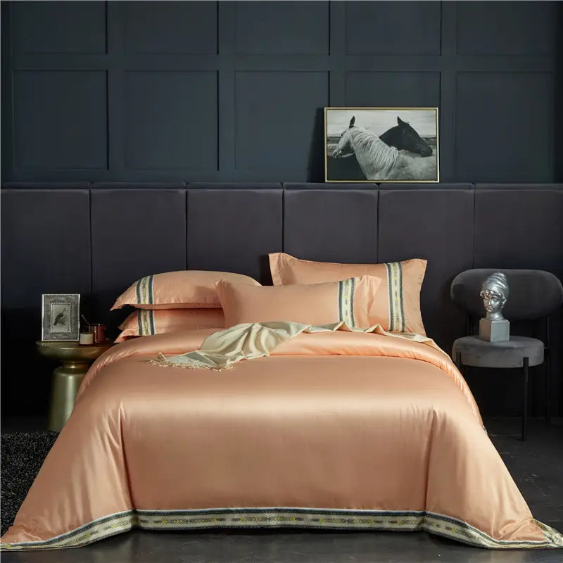 Four-piece Set Of Washed Silk Satin Striped Sheets Solid Color Ice Silk Jane Ou Silk Slippery Bed Linen