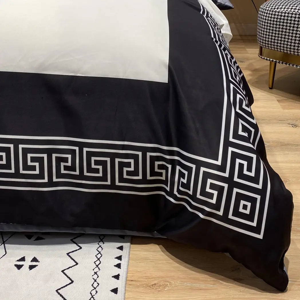 Black and white Greek key bedding in Silk Four-piece Silky Sheets Tencel Cotton set.