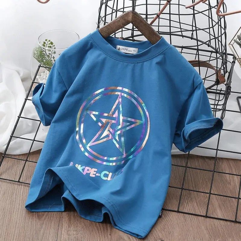 Boys’’ Short Sleeve T-shirt Net Red Laser Reflective Cub Children’’s Top Fashion