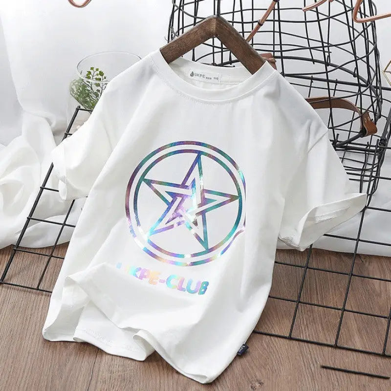 Boys’’ Short Sleeve T-shirt Net Red Laser Reflective Cub Children’’s Top Fashion