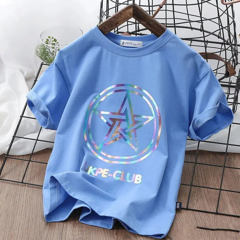 Boys’’ Short Sleeve T-shirt Net Red Laser Reflective Cub Children’’s Top Fashion