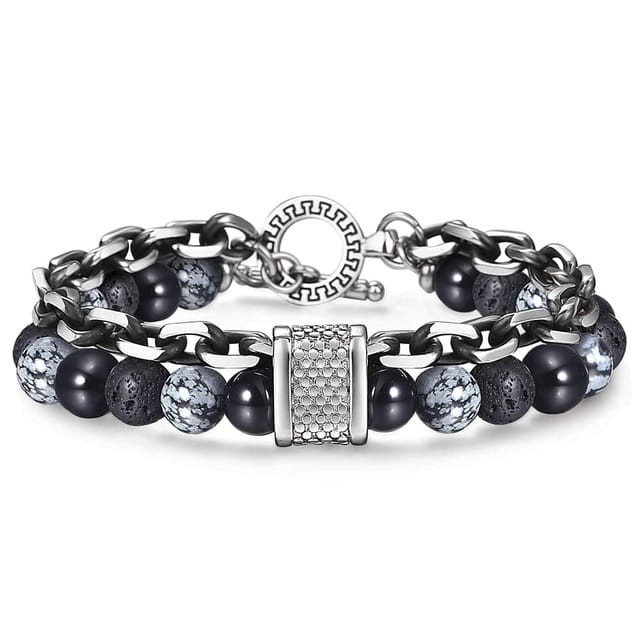 Two-strand beaded bracelet with chain and toggle clasp for men’s and women’s jewelry.